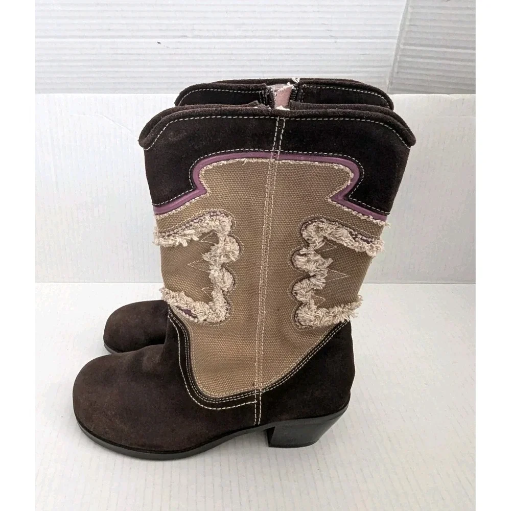 Steve Madden Rodeoo Boots Kids Girls 4.5 Western Learher Canvas Brown Tan